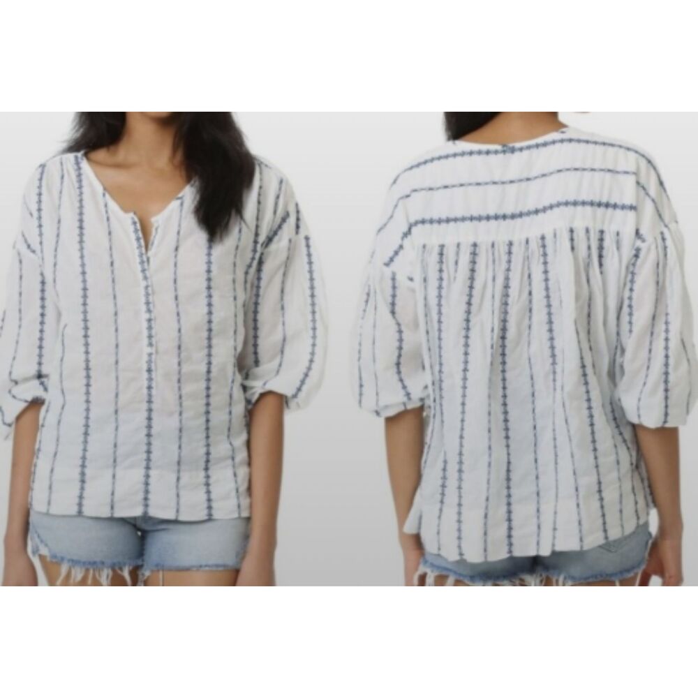 Nili Lotan Women's Blouse Provence White/Navy Embroidered Stripe Cotton